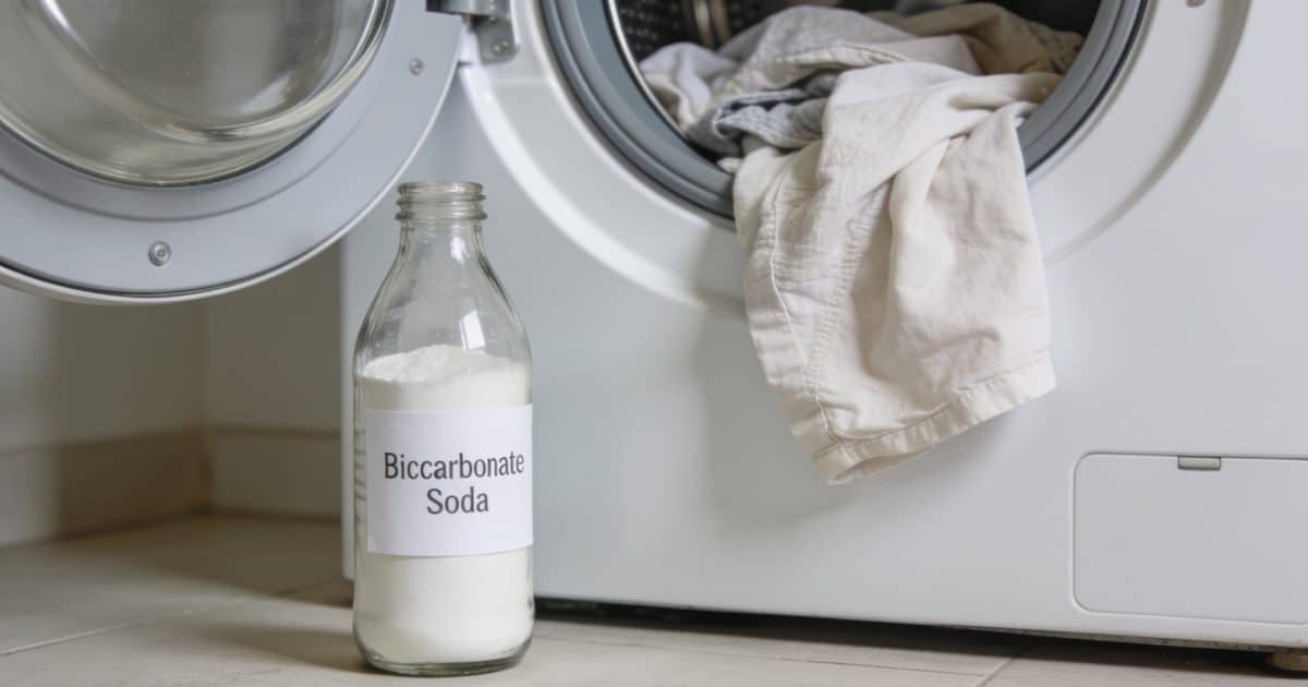 Bouteille de bicarbonate, machine à laver ouverte, linge à l'intérieur.