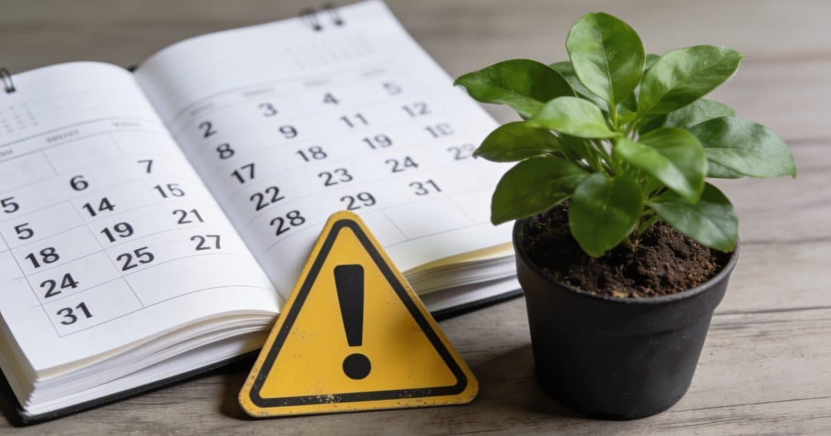 A calendar with a marked one-month date and a warning sign.