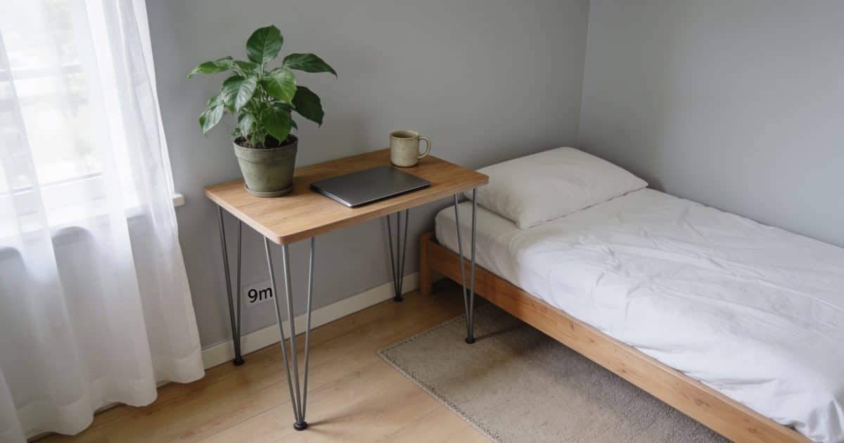 Chambre de 9m2 avec lit simple et bureau.