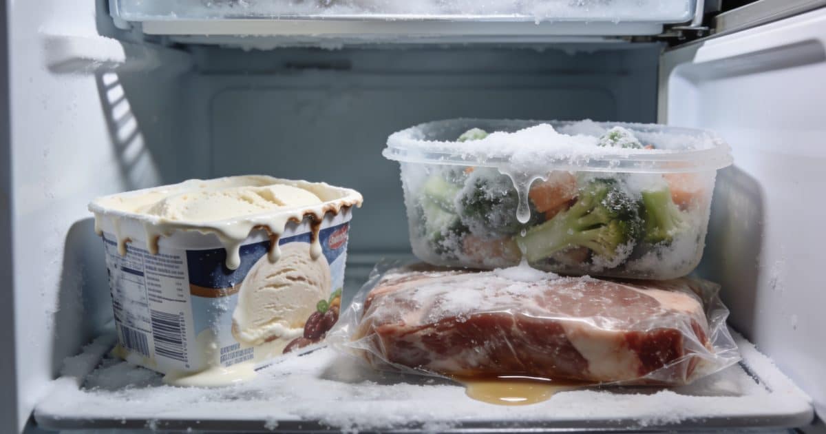 congelateur ouvert avec aliments partiellement fondus dedans