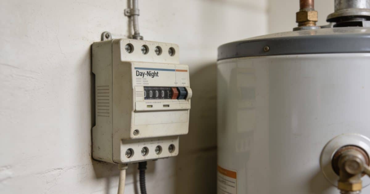 Un contacteur jour nuit ancien fixé au mur, près d'un chauffe-eau.