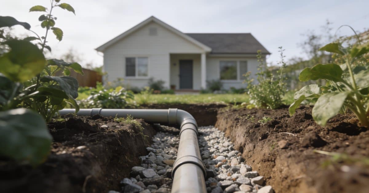 Système de drainage sous une maison entourée de jardin