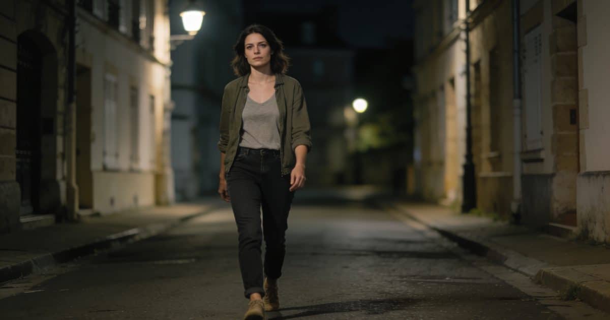 Une femme marchant seule dans une rue sombre à Rennes.
