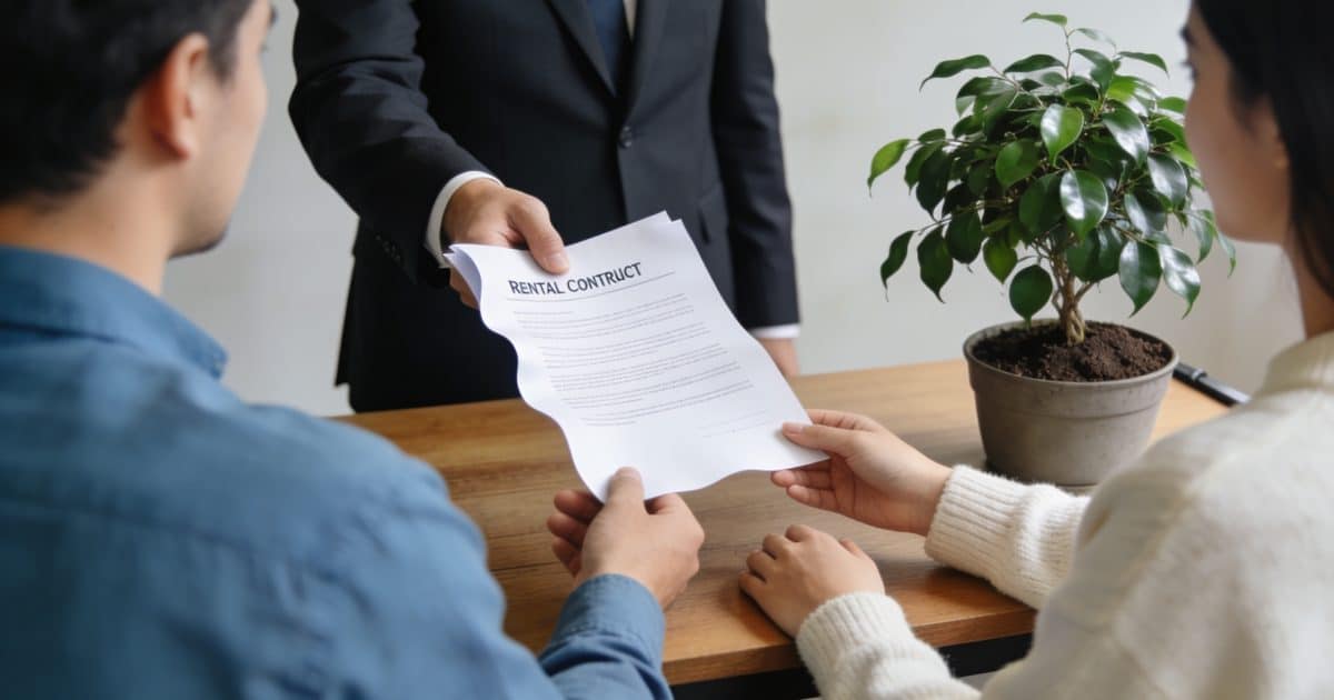 fonctionnaire tendant un contrat de location a un couple