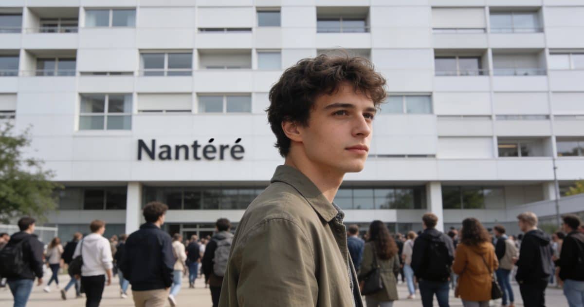 Une foule de personnes devant un bâtiment à Nanterre.