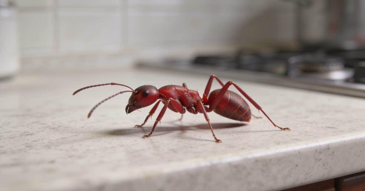 Une fourmi rouge sur un comptoir de cuisine