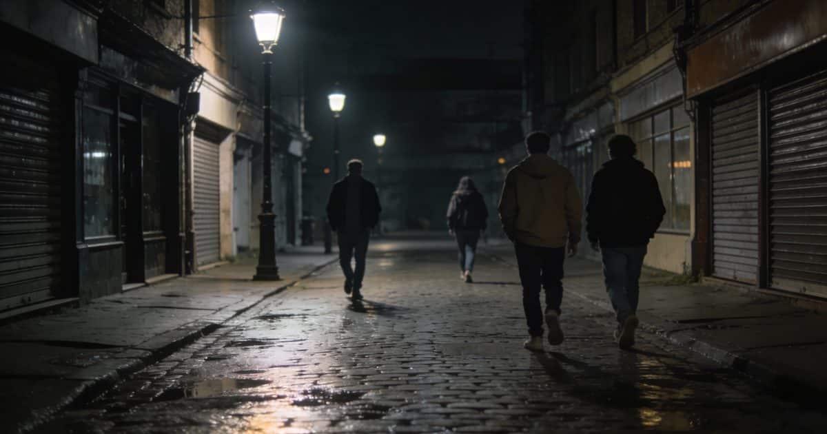 Des gens marchent dans une rue sombre et déserte.