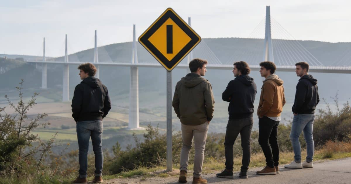 Group of people standing near a warning sign in Millau