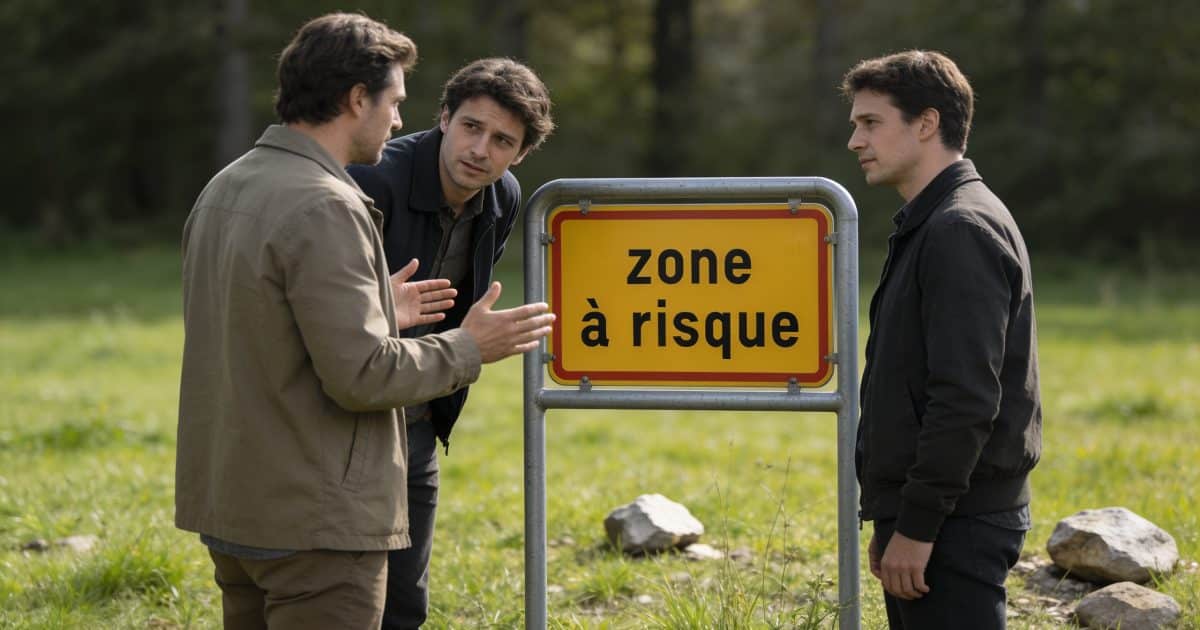 Groupe de personnes discutant près d'un panneau "zone à risque"