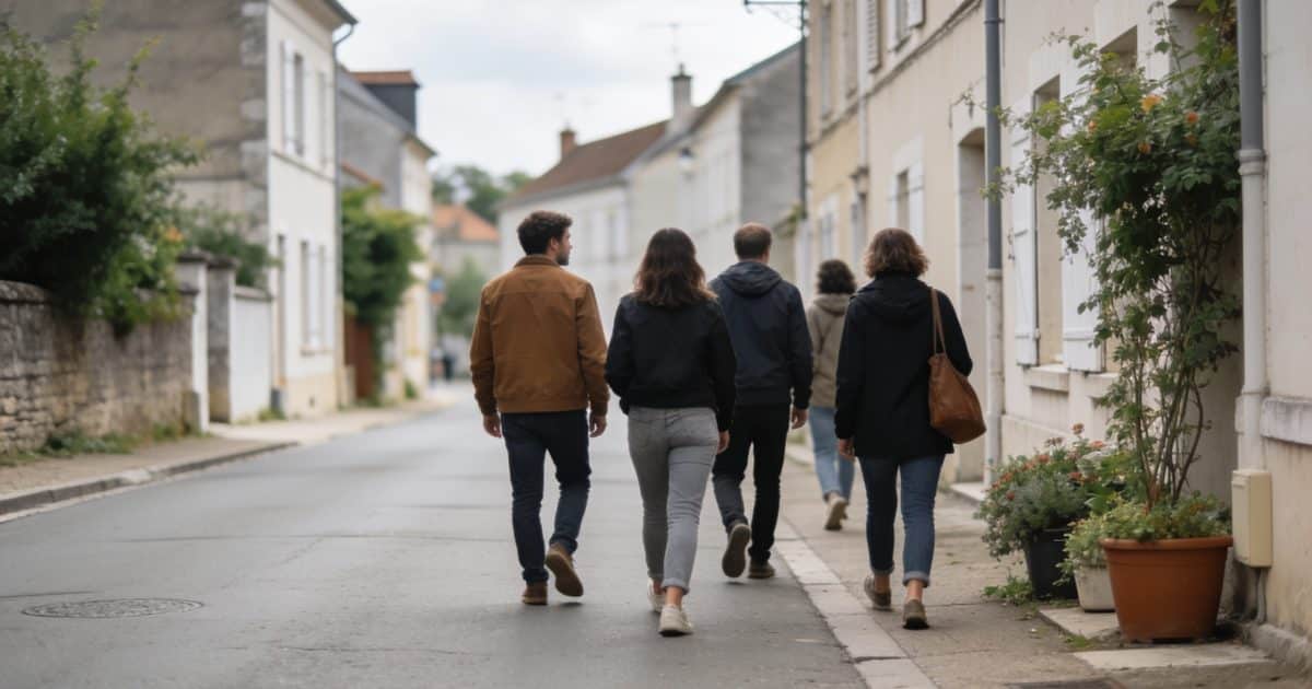 Groupe de personnes marchant dans une rue peu fréquentée à Montluçon.