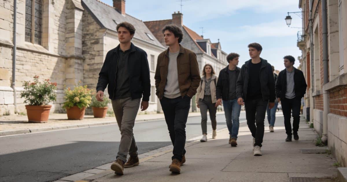 Groupe de personnes marchant dans une rue de Saint-Omer.
