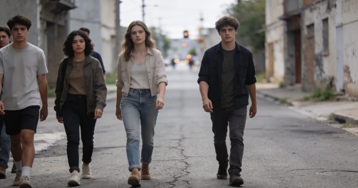 Groupe de personnes marchant dans une rue déserte.