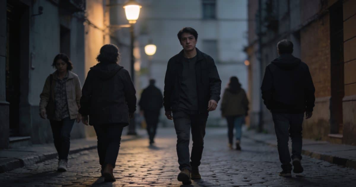 Des habitants marchent prudemment dans une rue sombre.