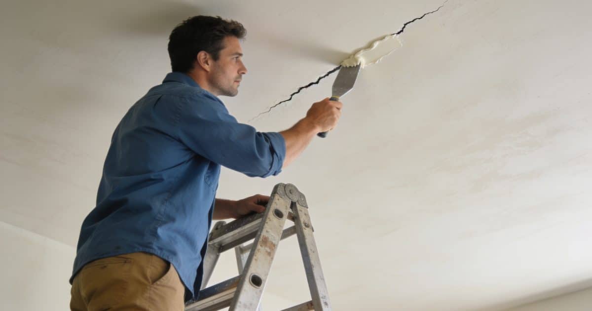 Un homme debout sur une échelle, appliquant du mastic sur une fissure au plafond.