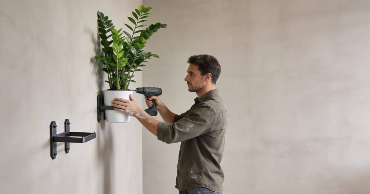 Un homme installe des plantes sur un mur intérieur.