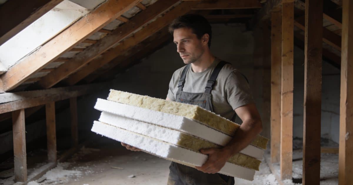 Homme tenant des panneaux d'isolation dans un grenier.