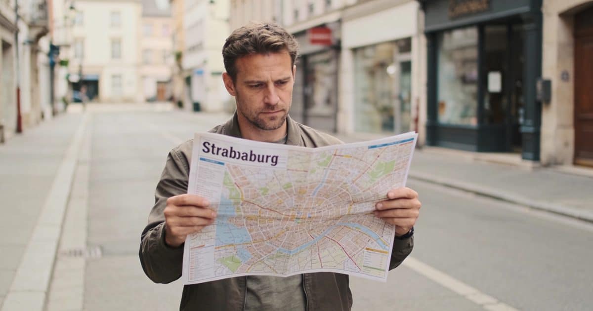 Homme regardant une carte de Strasbourg dans une rue déserte.