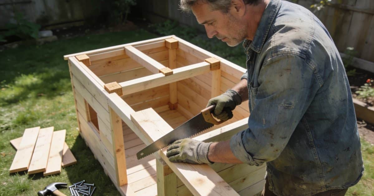 Un jardinier construisant un poulailler en bois.