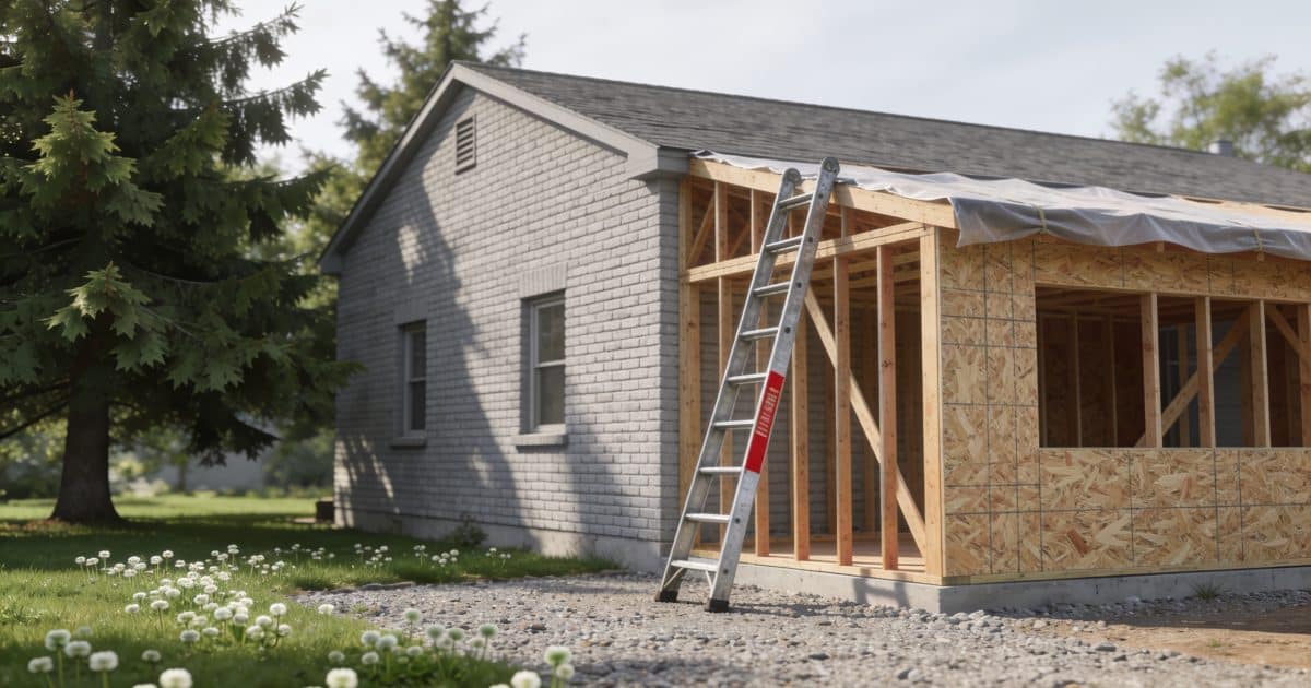 Maison avec extension en construction, échelle à proximité.