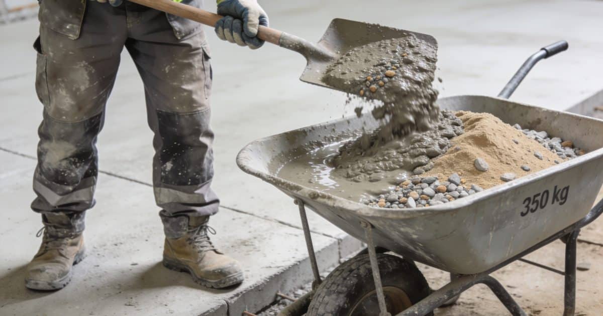 Un travailleur verse du béton de 350 kg avec sable et gravier.