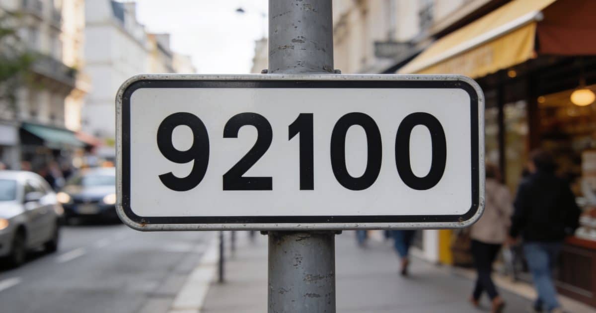 Un panneau avec le code postal de Boulogne-Billancourt, près d'une rue animée.