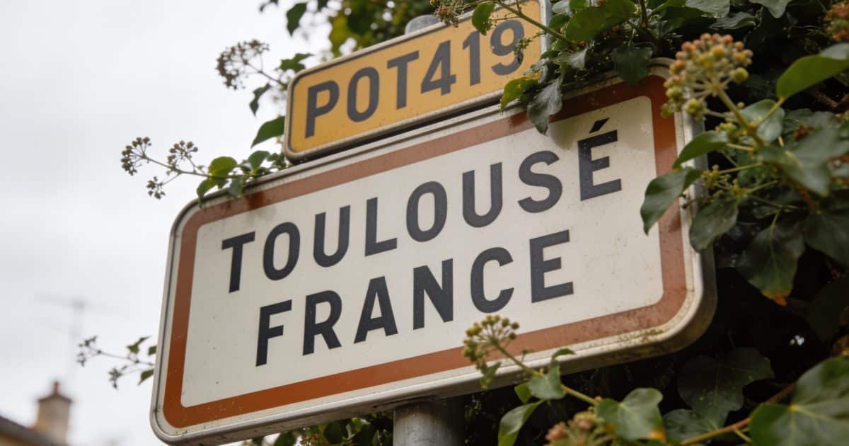 Un panneau indicateur de rue à Toulouse avec le code postal.