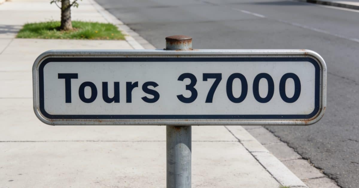 Un panneau de signalisation indiquant le code postal de Tours, placé sur un trottoir au bord d'une rue.