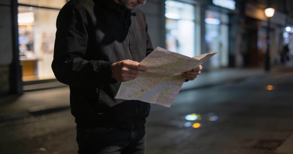 Une personne consultante une carte dans une rue sombre.