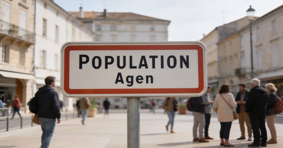 population sign in Agen city center with people