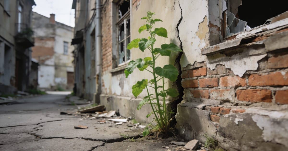 Une rue étroite avec des bâtiments en ruine