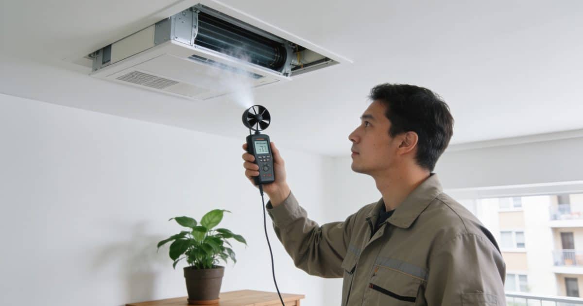 Un technicien vérifiant le débit d'air d'une VMC dans un appartement.