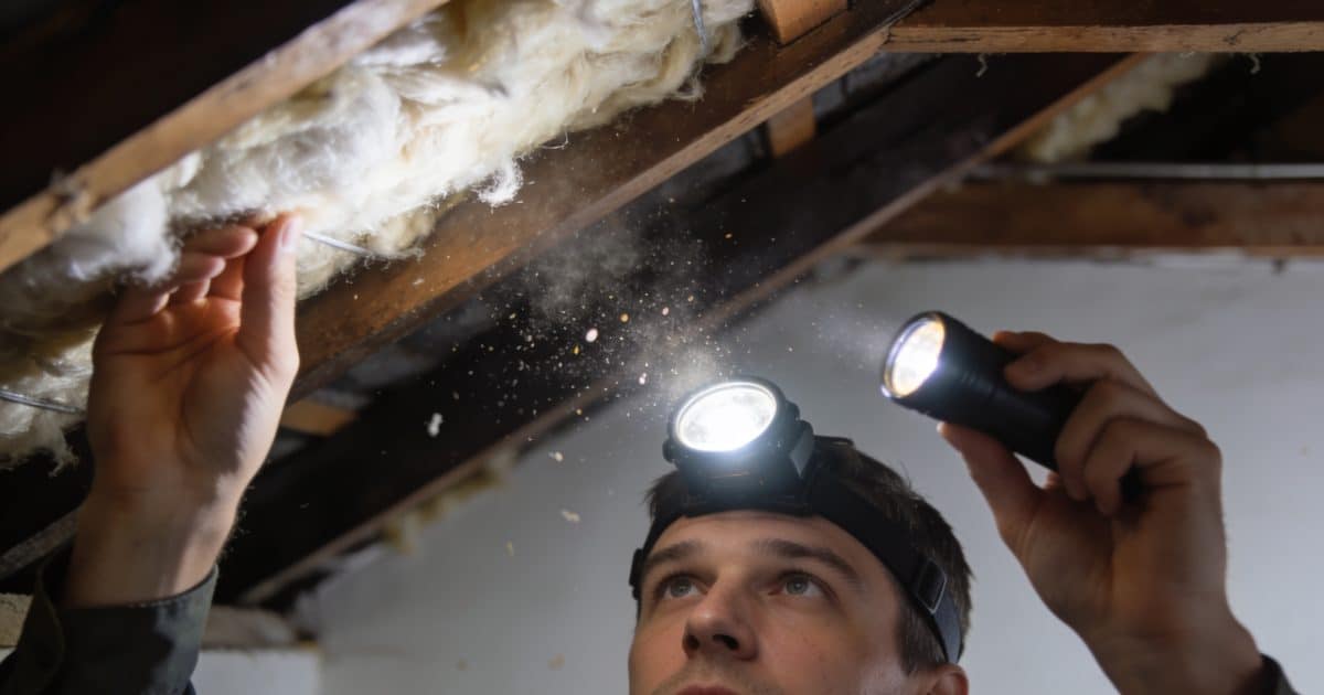 Technicien lampe frontale inspecte grenier sombre avec isolation