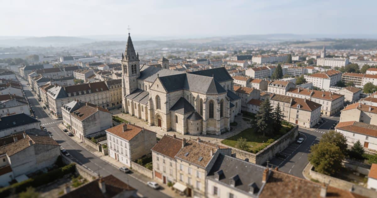 Une vue aérienne de Bourg-en-Bresse avec des bâtiments et des routes.