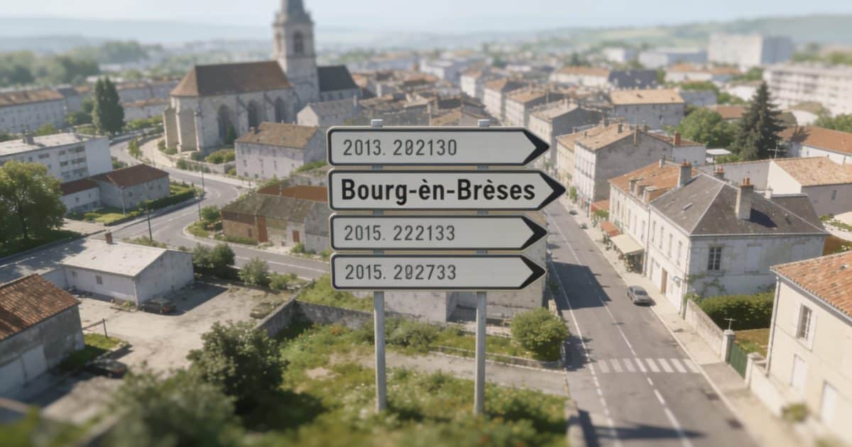 Vue aérienne de Bourg-en-Bresse avec codes postaux sur les panneaux de rues.