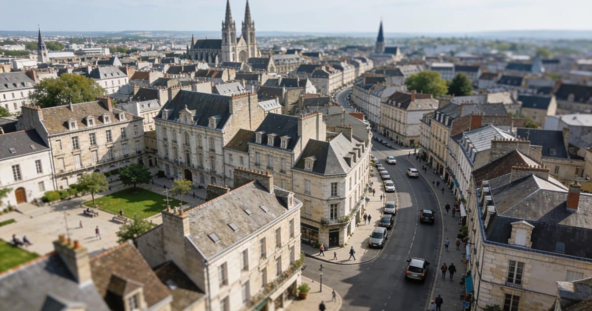 Une vue aérienne de Caen avec des bâtiments et des rues animées.