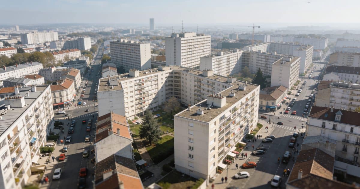 Vue aérienne de Colombes avec bâtiments et rues animées.