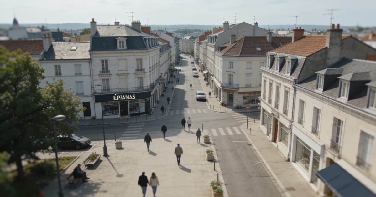 Une vue aérienne de la ville d'Épinal avec des gens marchant dans la rue.