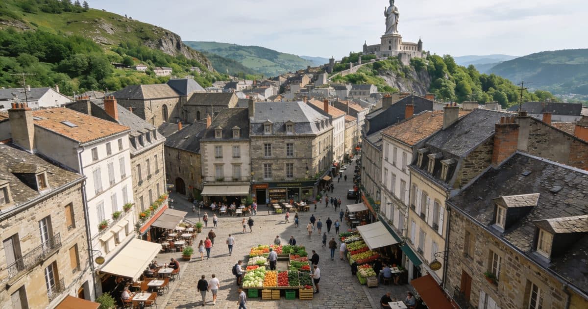 Vue aérienne de Le Puy-en-Velay pleine de vie.