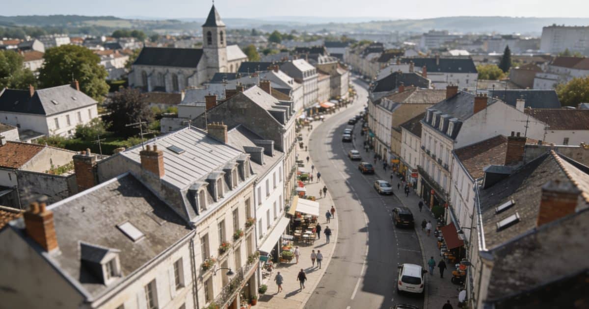 Vue aérienne de Montluçon avec bâtiments et rues animées.