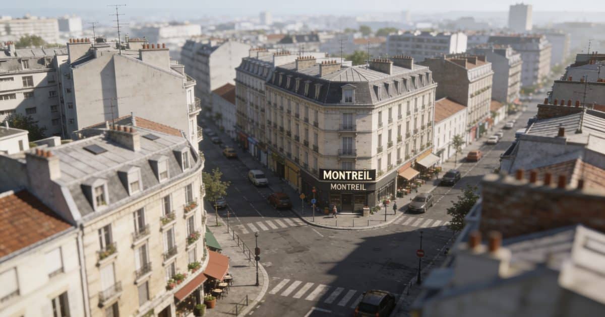Vue aérienne de Montreuil avec des immeubles et rues animées