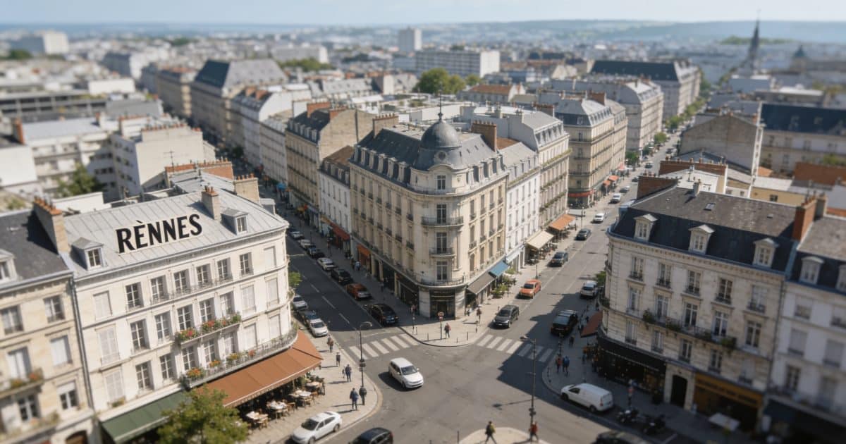 Vue aérienne de Rennes avec des bâtiments et des rues animées