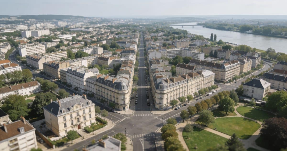 Vue aérienne de Rueil-Malmaison avec bâtiments et routes.