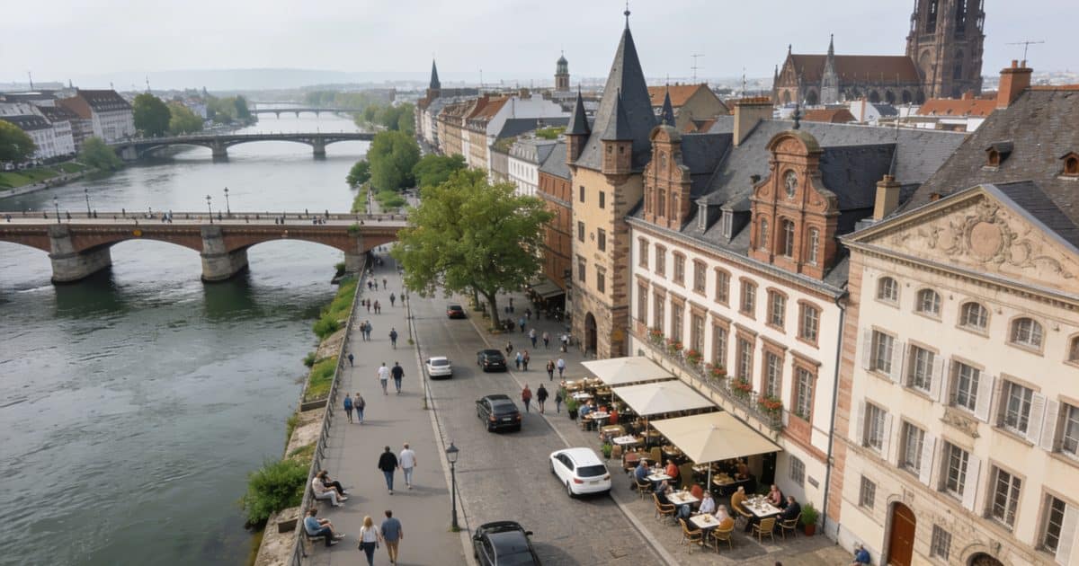 Vue aérienne de Strasbourg avec sa population animée.