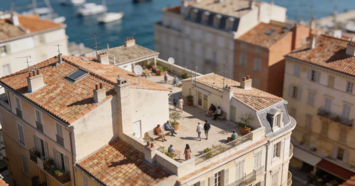 Vue aérienne de Toulon avec bâtiments et habitants.