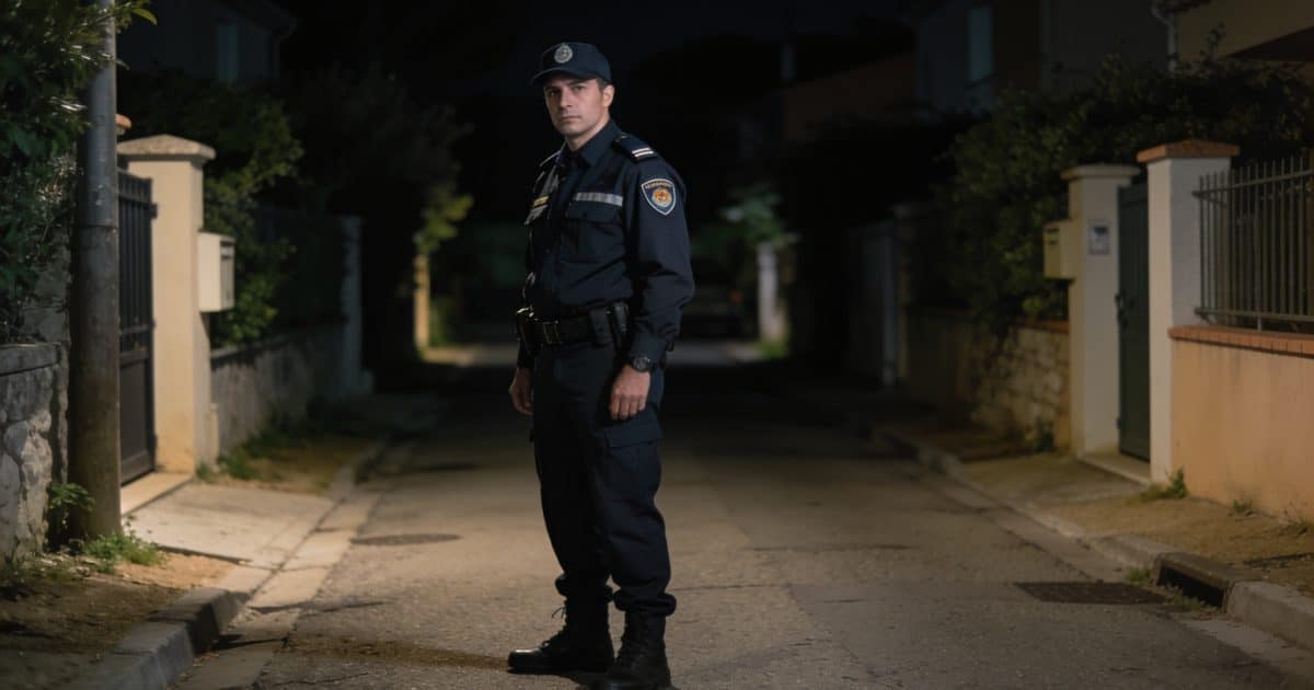 Vue d'un agent de sécurité dans un quartier sombre à Fréjus.