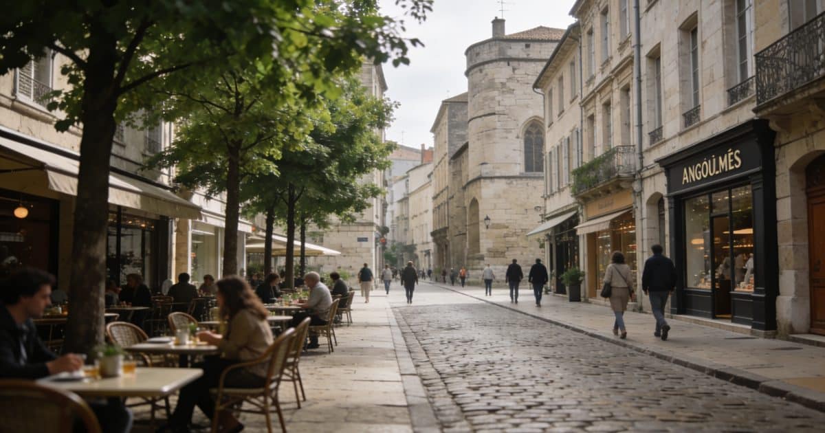 Vue panoramique d'Angoulême avec des habitants dans les rues.
